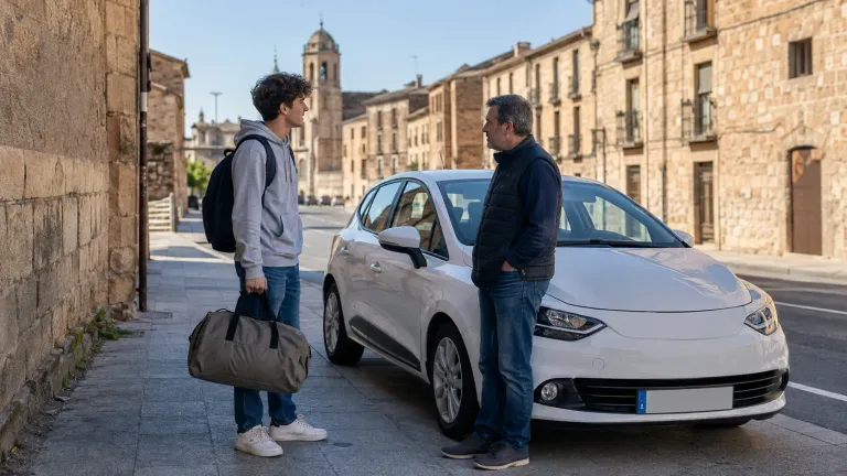 Alumno llegado de otra provincia hablando con su profesor junto a un coche de autoescuela en Soria