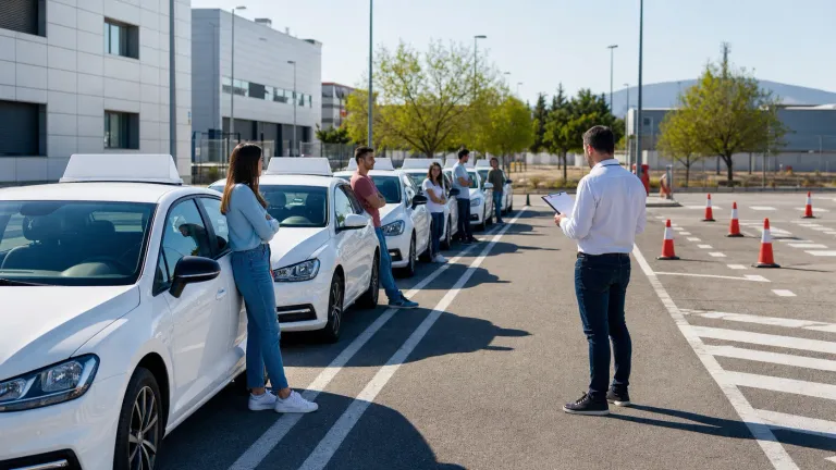 Varios coches de autoescuela esperando para una jornada extraordinaria del examen práctico de conducir