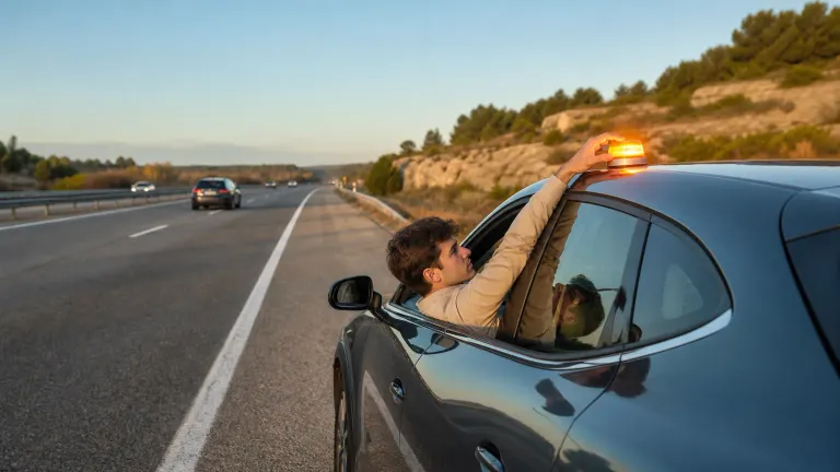 Conductor joven coloca una baliza V-16 luminosa en el techo de su coche detenido de forma segura