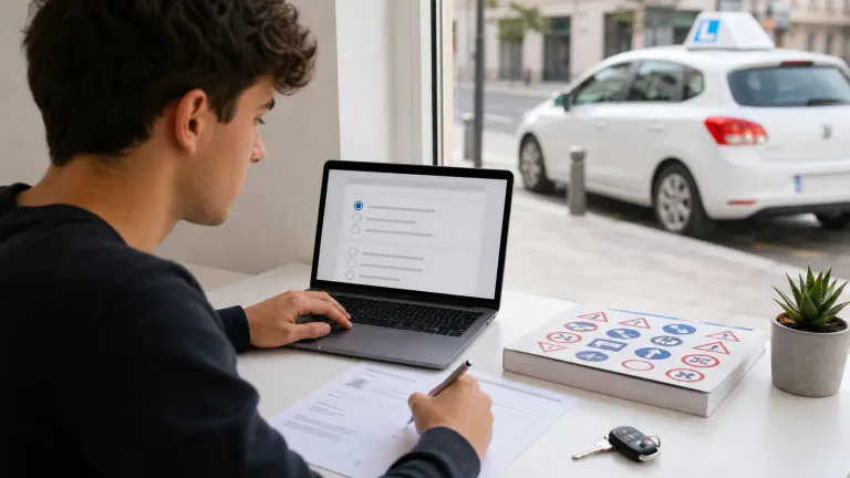 Alumno preparando el examen teórico de conducir por libre con un portátil, documentos y un coche de autoescuela al fondo