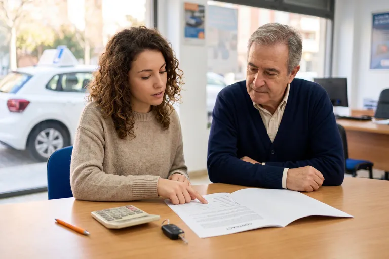Una alumna y un familiar revisan un contrato de autoescuela antes de firmarlo