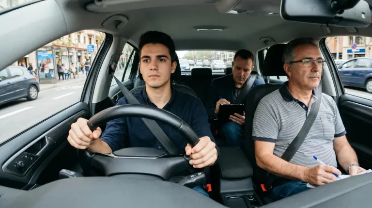 Alumno al volante durante la fase de conducción autónoma del examen práctico con el profesor y el examinador en el coche