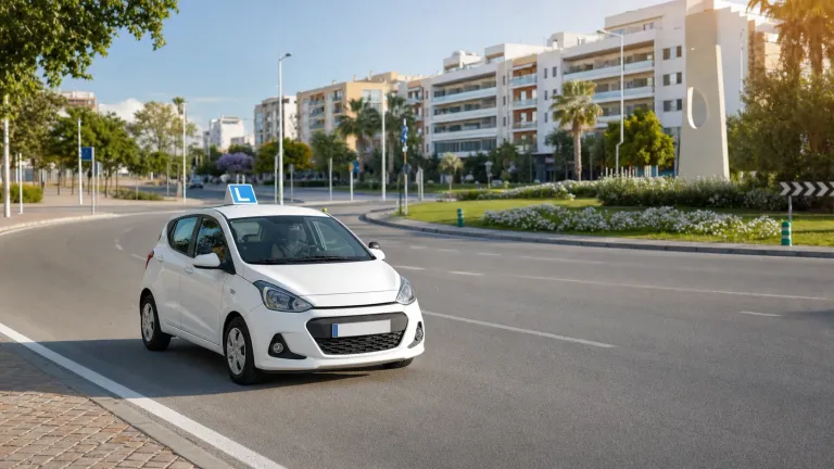 Coche de autoescuela circulando por una avenida urbana con glorieta similar a las zonas de examen práctico en Jerez de la Frontera