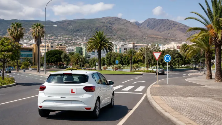 Coche de autoescuela circulando por una avenida con glorieta similar a las zonas de examen práctico en Tenerife
