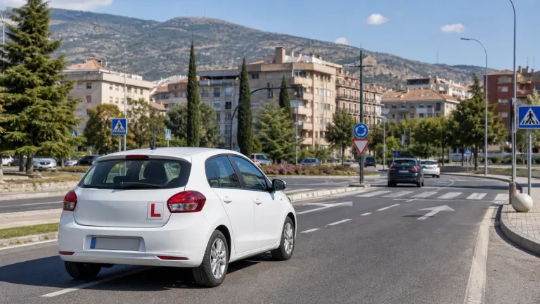 Coche de autoescuela circulando por una avenida urbana similar a las zonas de examen práctico en Granada