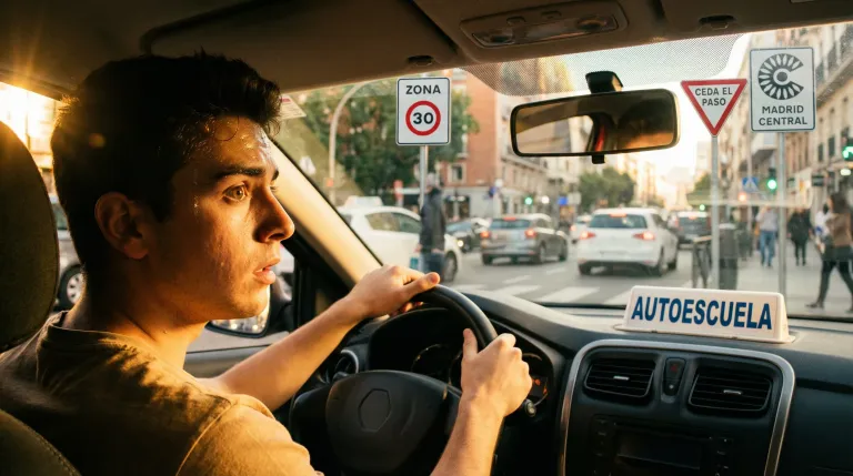 Señal de tráfico nueva junto a un coche de autoescuela, representando los cambios en el examen de conducir de la DGT en 2026