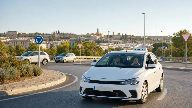 Coche de autoescuela circulando junto a una glorieta de Córdoba durante una clase práctica