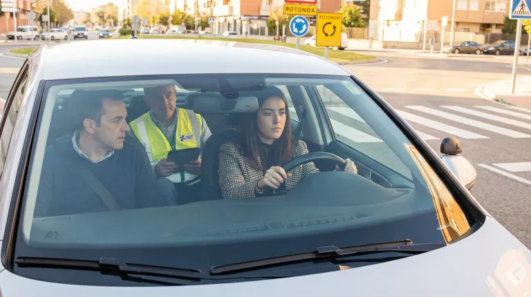 Alumno sentado al volante del coche de autoescuela listo para iniciar el examen práctico de conducir con el examinador en el asiento trasero
