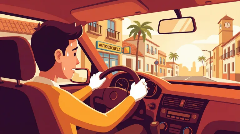Persona nerviosa al volante antes del examen práctico de conducir