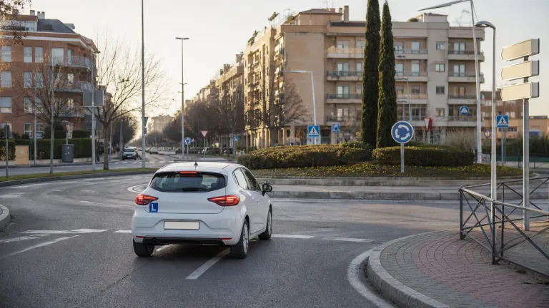 Coche de autoescuela circulando por una glorieta urbana en una zona de examen práctico en Alcalá de Henares