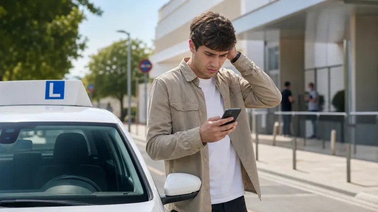 Alumno mirando el móvil junto a un coche de autoescuela mientras espera noticias sobre su examen práctico