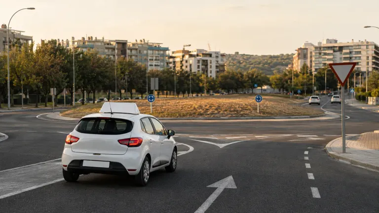 Coche de autoescuela ante una glorieta urbana de Lleida