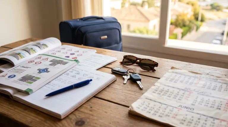 Persona joven preparando el carnet de conducir antes de un viaje de verano con llaves de coche y apuntes de autoescuela
