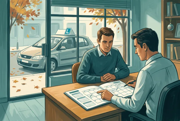 Ilustración generada de un alumno y un profesor organizando el calendario de formación y examen