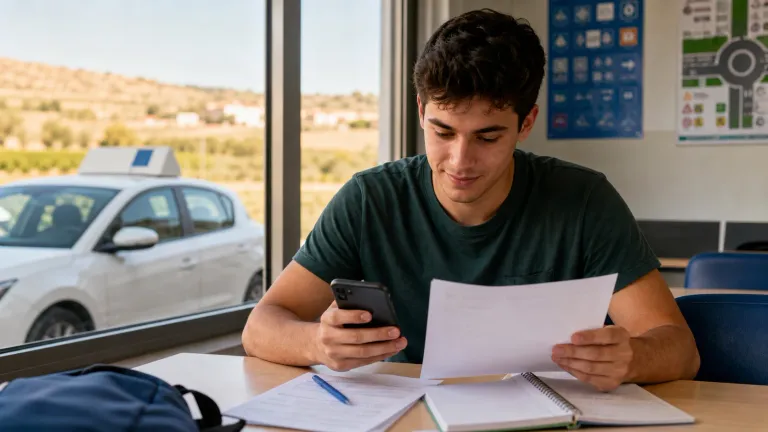 Joven revisando una factura de autoescuela y el móvil junto a un coche de prácticas en Castilla y León