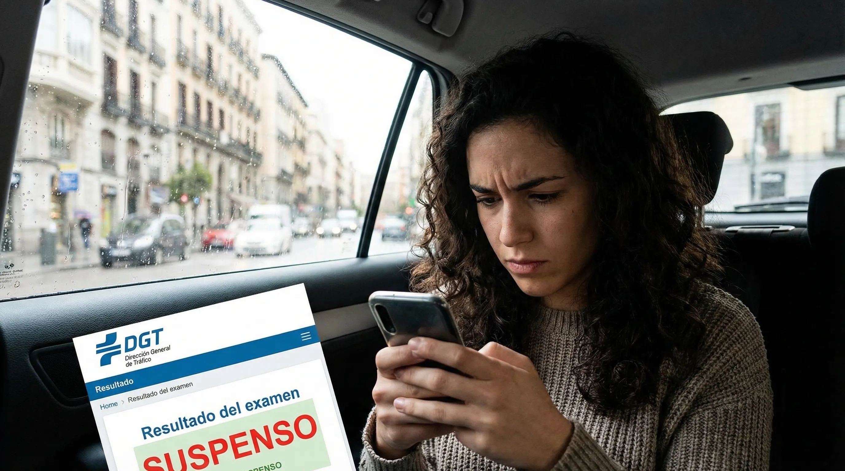Persona mirando el resultado del examen práctico de conducir en el móvil con la app miDGT