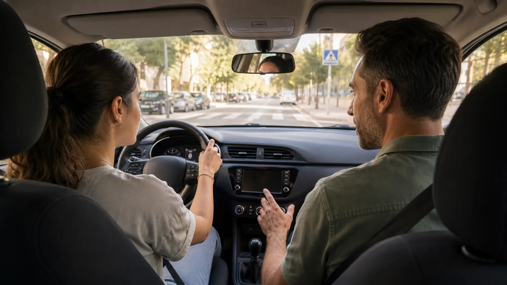Alumna y profesor de autoescuela dentro del coche antes de retomar una práctica de conducir después de vacaciones