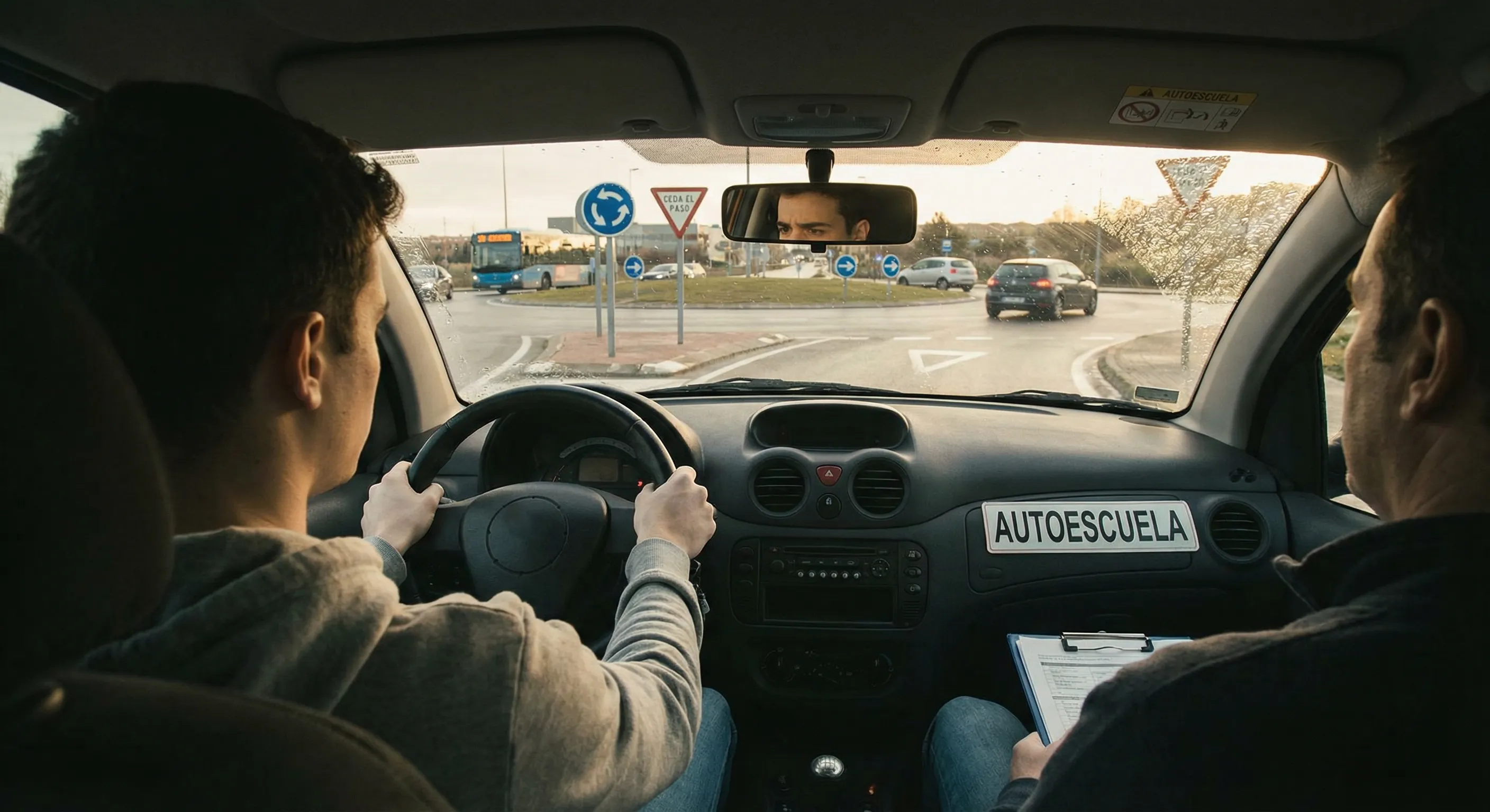Ilustración de un coche circulando por una rotonda con señales de dirección