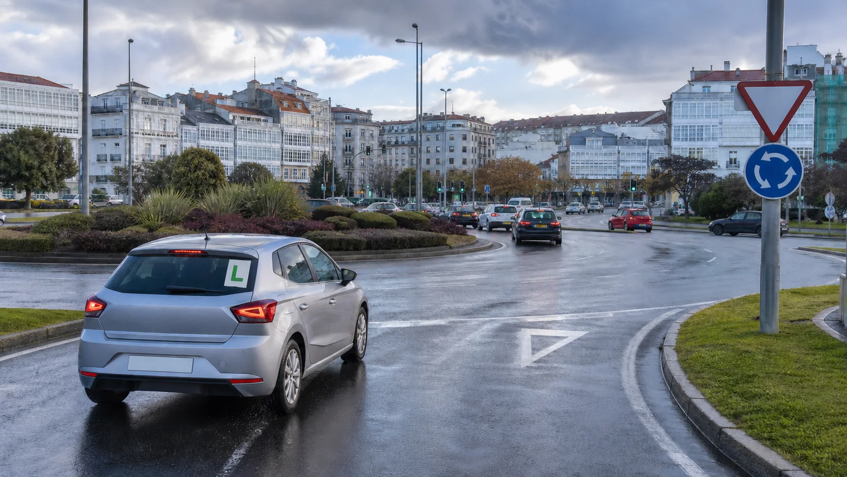 Coche de autoescuela acercándose a una glorieta de A Coruña sobre el asfalto mojado