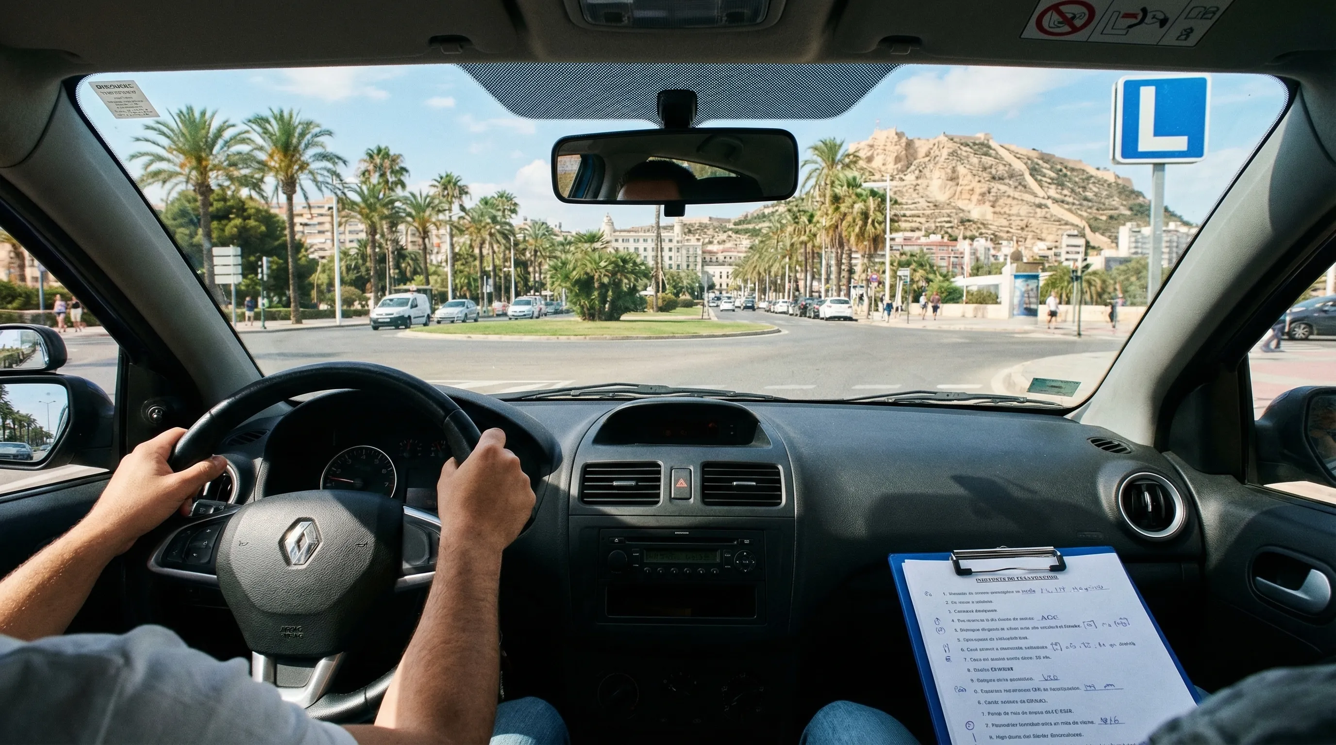 Vista desde el interior de un coche circulando por una avenida de Alicante durante un examen práctico de conducir