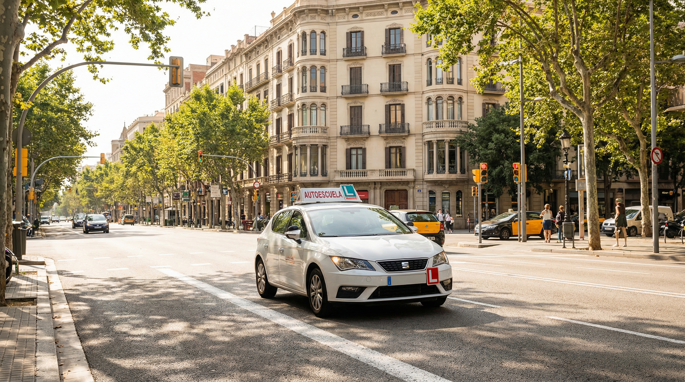 Coche de autoescuela circulando por una avenida de Barcelona durante un examen práctico de conducir