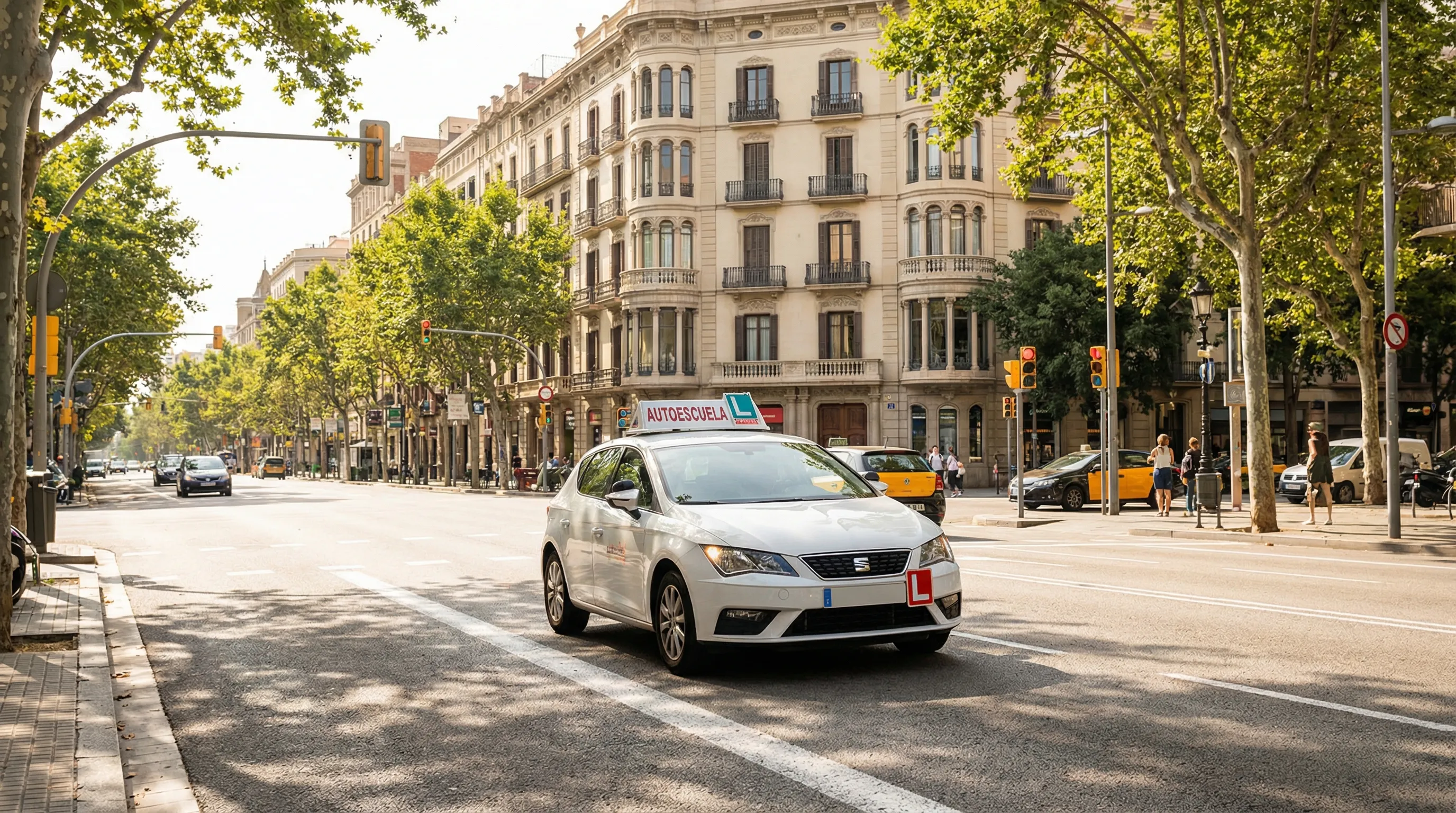 Coche de autoescuela circulando por una avenida de Barcelona durante un examen práctico de conducir