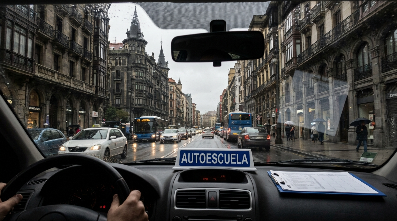Vista desde el interior de un coche circulando por la Gran Vía de Bilbao durante un examen práctico de conducir