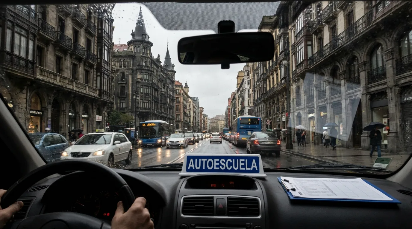 Vista desde el interior de un coche circulando por la Gran Vía de Bilbao durante un examen práctico de conducir