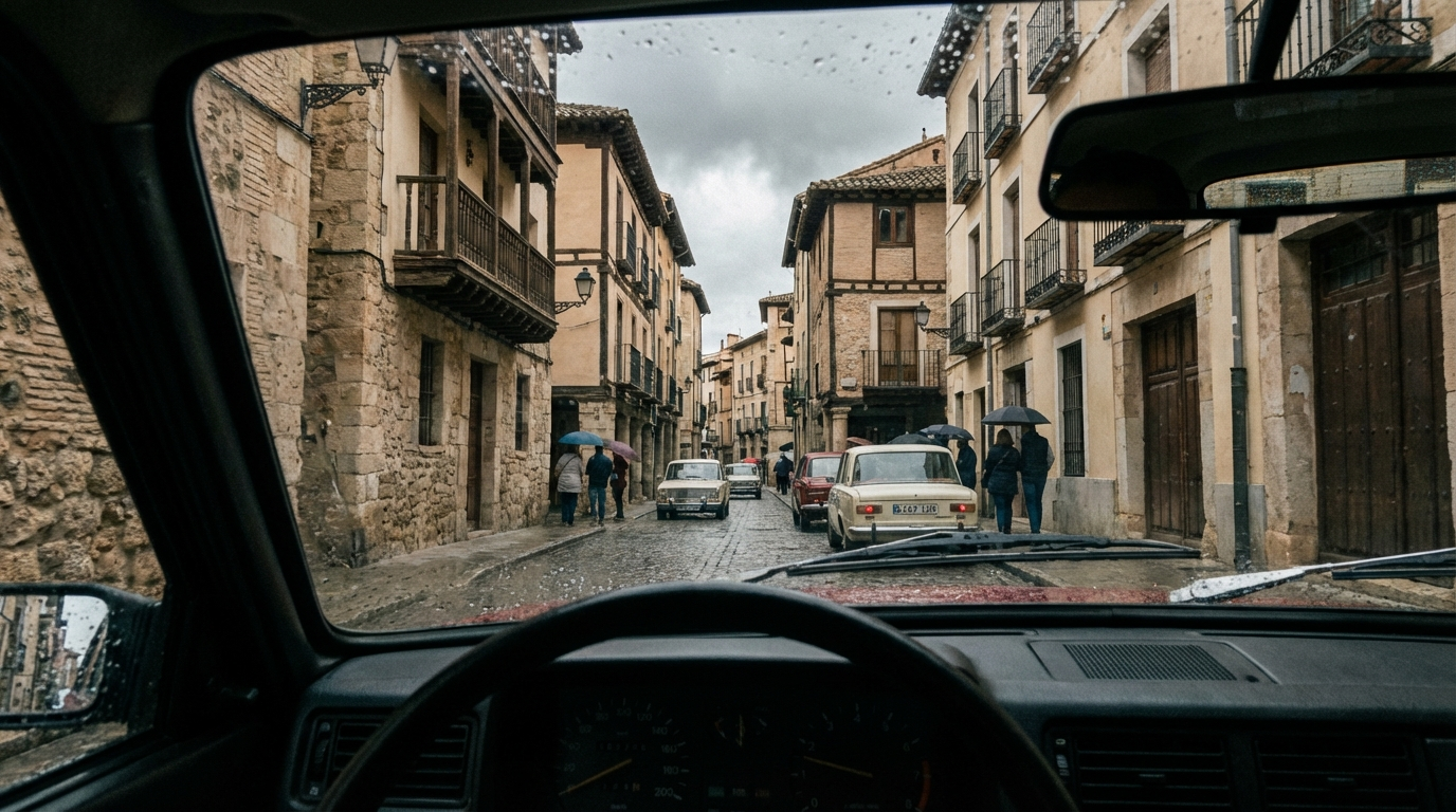Vista desde el interior de un coche conduciendo por las calles de Cuenca durante un examen práctico