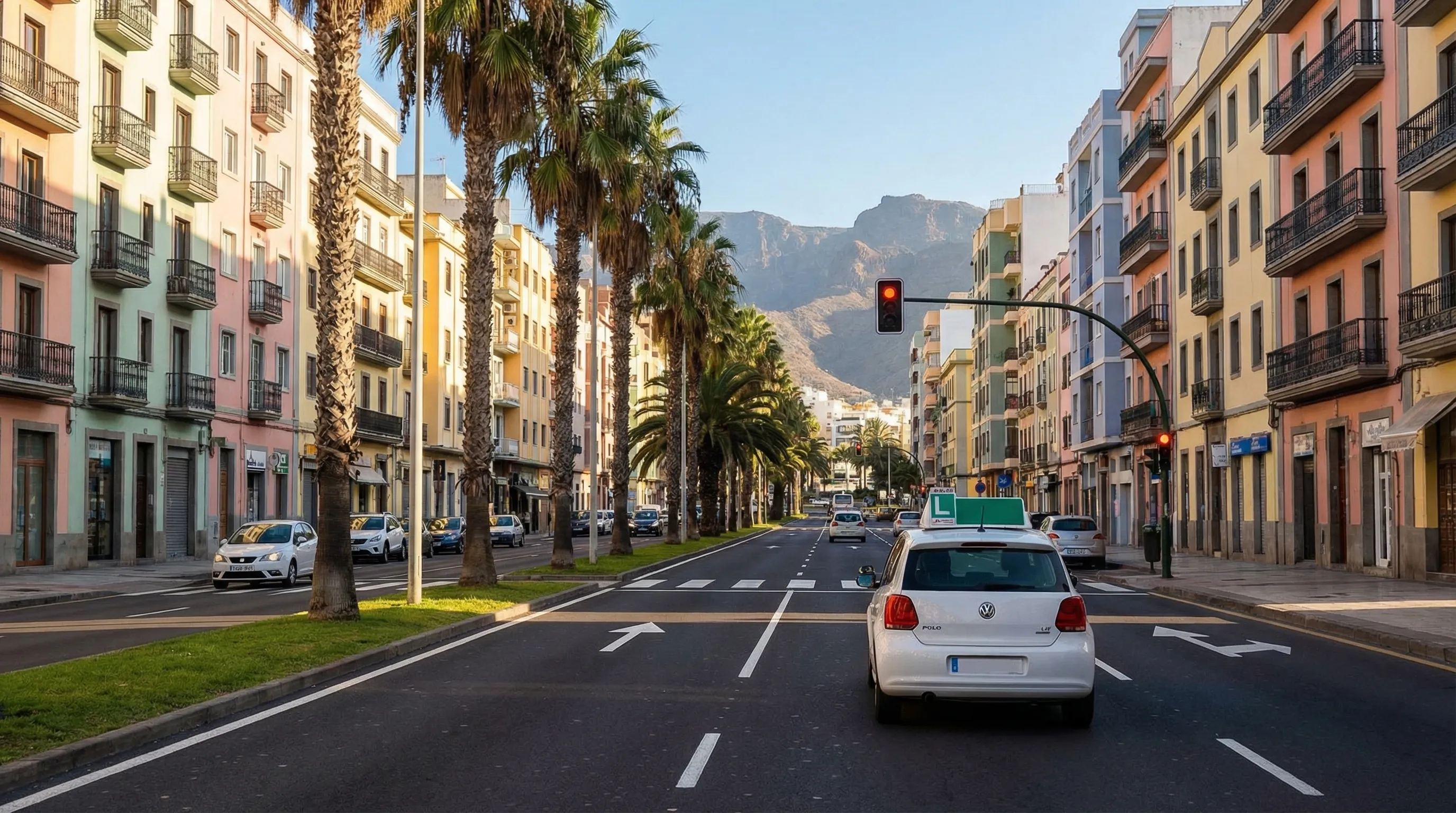 Calle urbana de Las Palmas de Gran Canaria con un coche de autoescuela durante el examen práctico de conducir