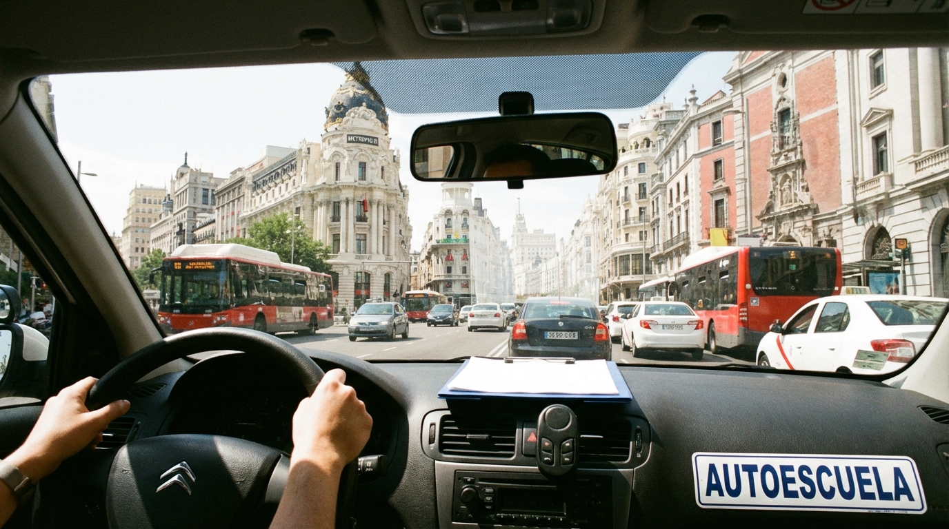 Vista desde el interior de un coche circulando por una avenida de Madrid durante un examen práctico de conducir