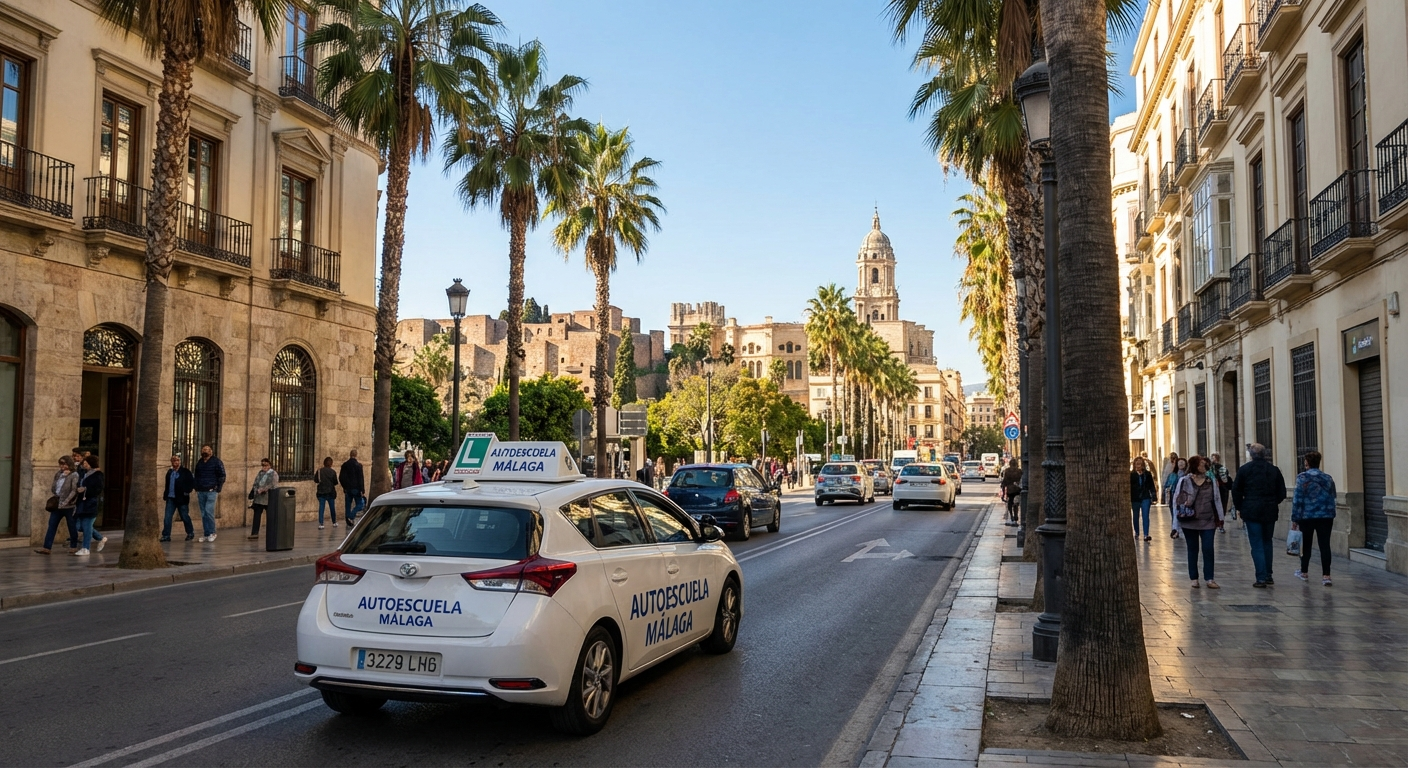 Coche de autoescuela circulando por una avenida de Málaga durante un examen práctico de conducir