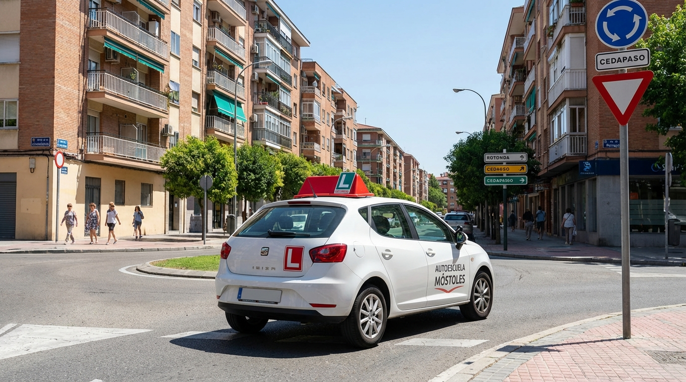 Mapa cómic de las rutas del examen práctico en Móstoles con el circuito desde la JPT por Móstoles y Alcorcón