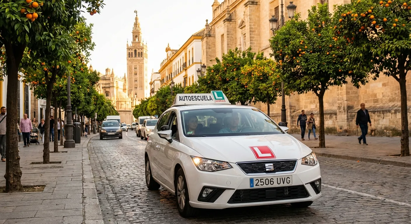 Coche de autoescuela circulando por una avenida de Sevilla durante un examen práctico de conducir