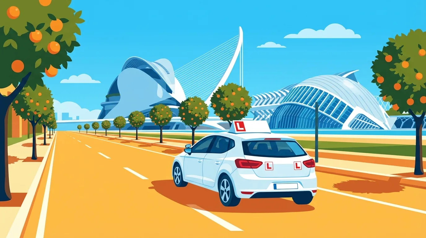 Coche de autoescuela circulando por una avenida de Valencia durante un examen práctico de conducir