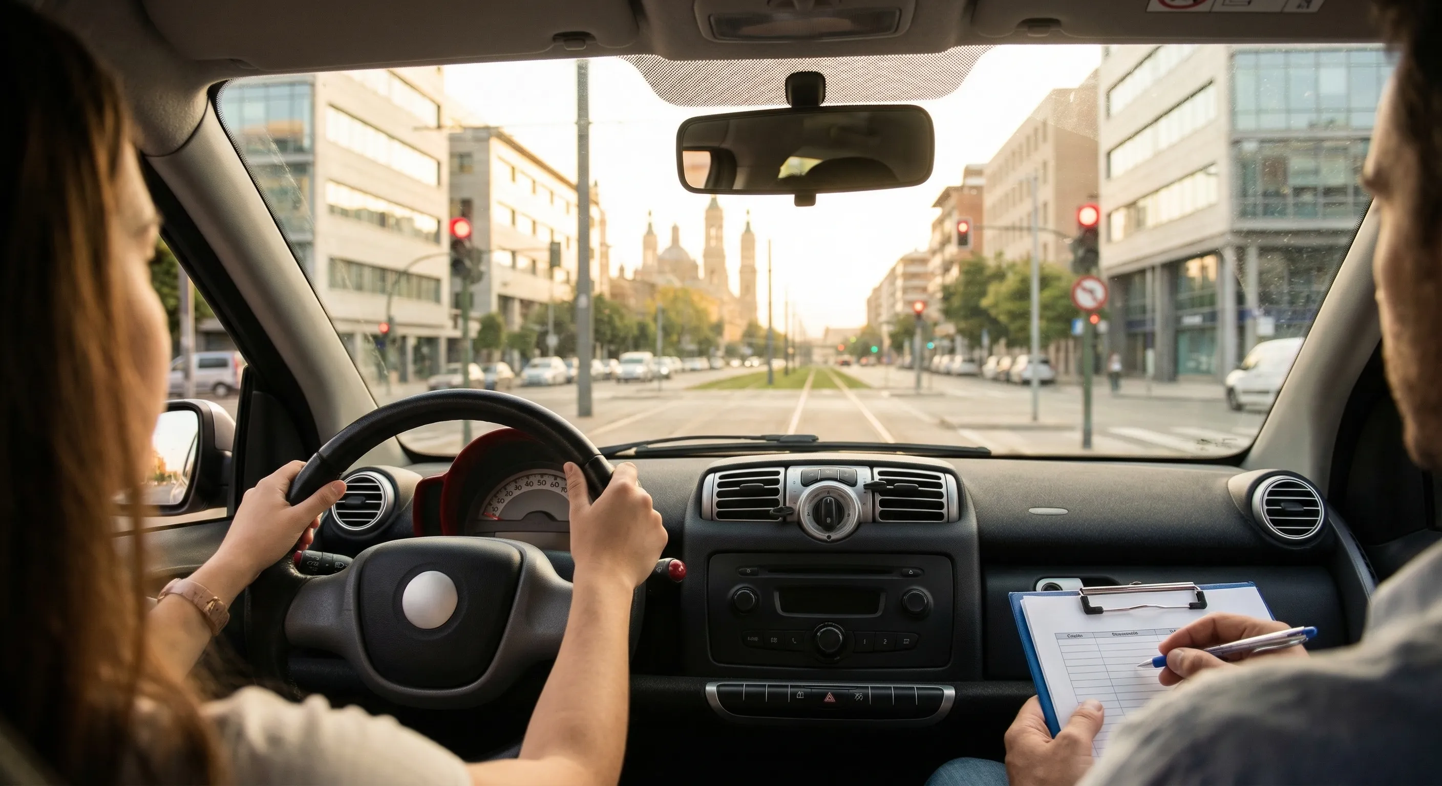 Vista desde el interior de un coche circulando por una avenida de Zaragoza durante un examen práctico de conducir