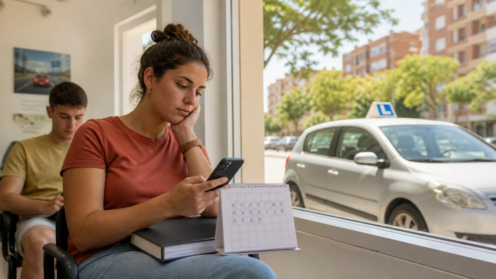 Alumna espera noticias de su examen práctico en una autoescuela durante el verano