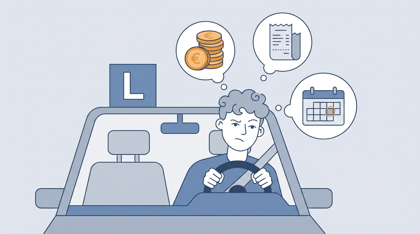 Persona calculando los costes de repetir el examen práctico de conducir con monedas y una calculadora