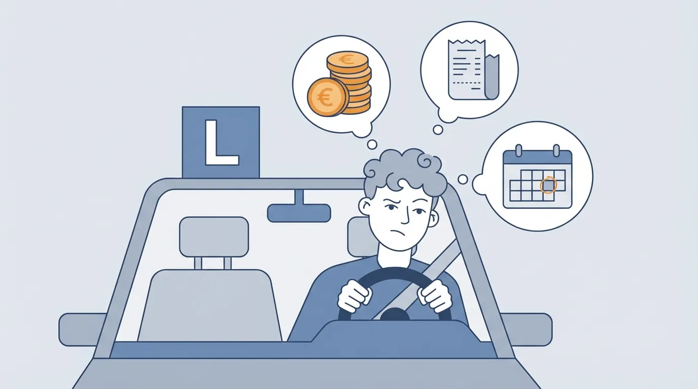 Persona calculando los costes de repetir el examen práctico de conducir con monedas y una calculadora