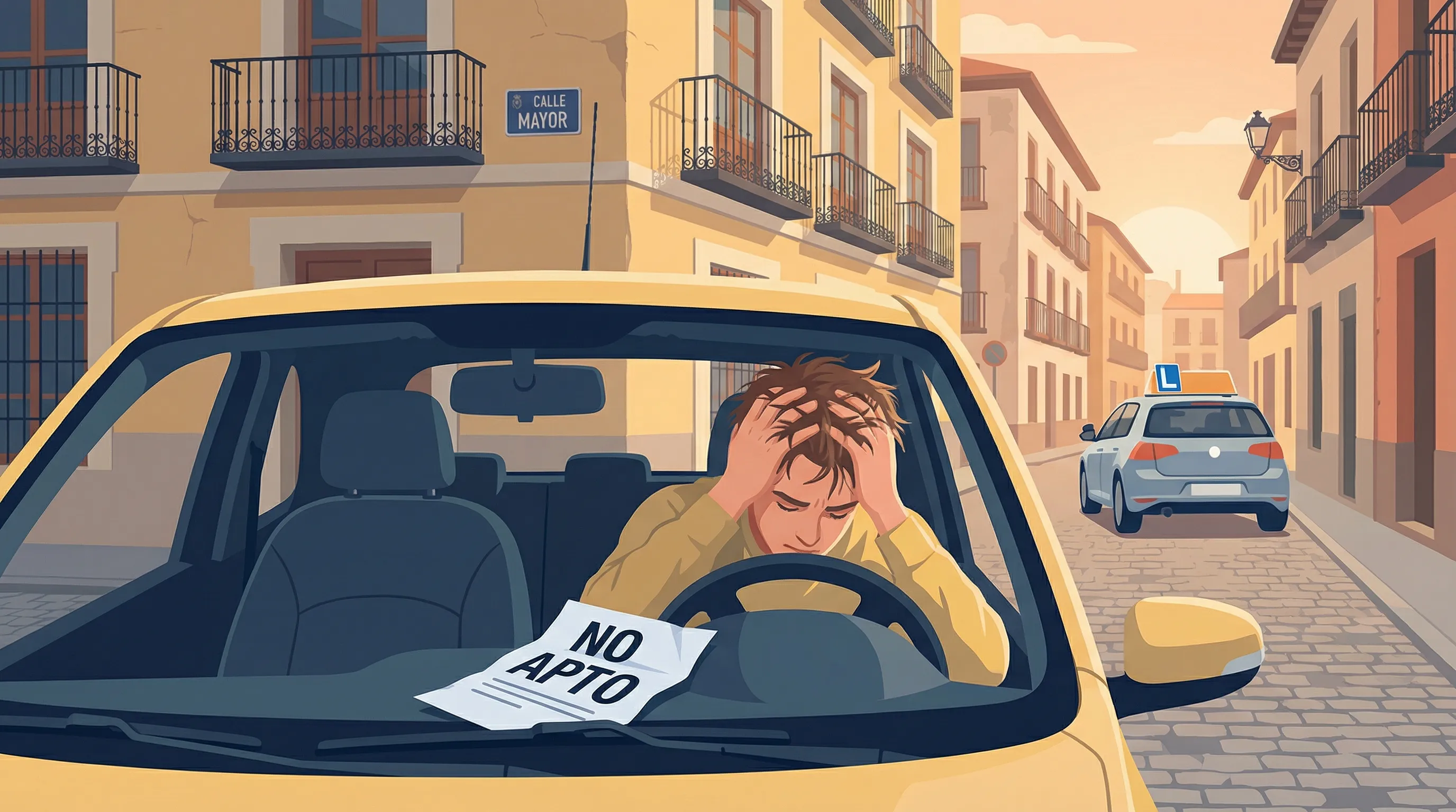 Persona frustrada apoyada en el volante tras suspender el examen práctico de conducir