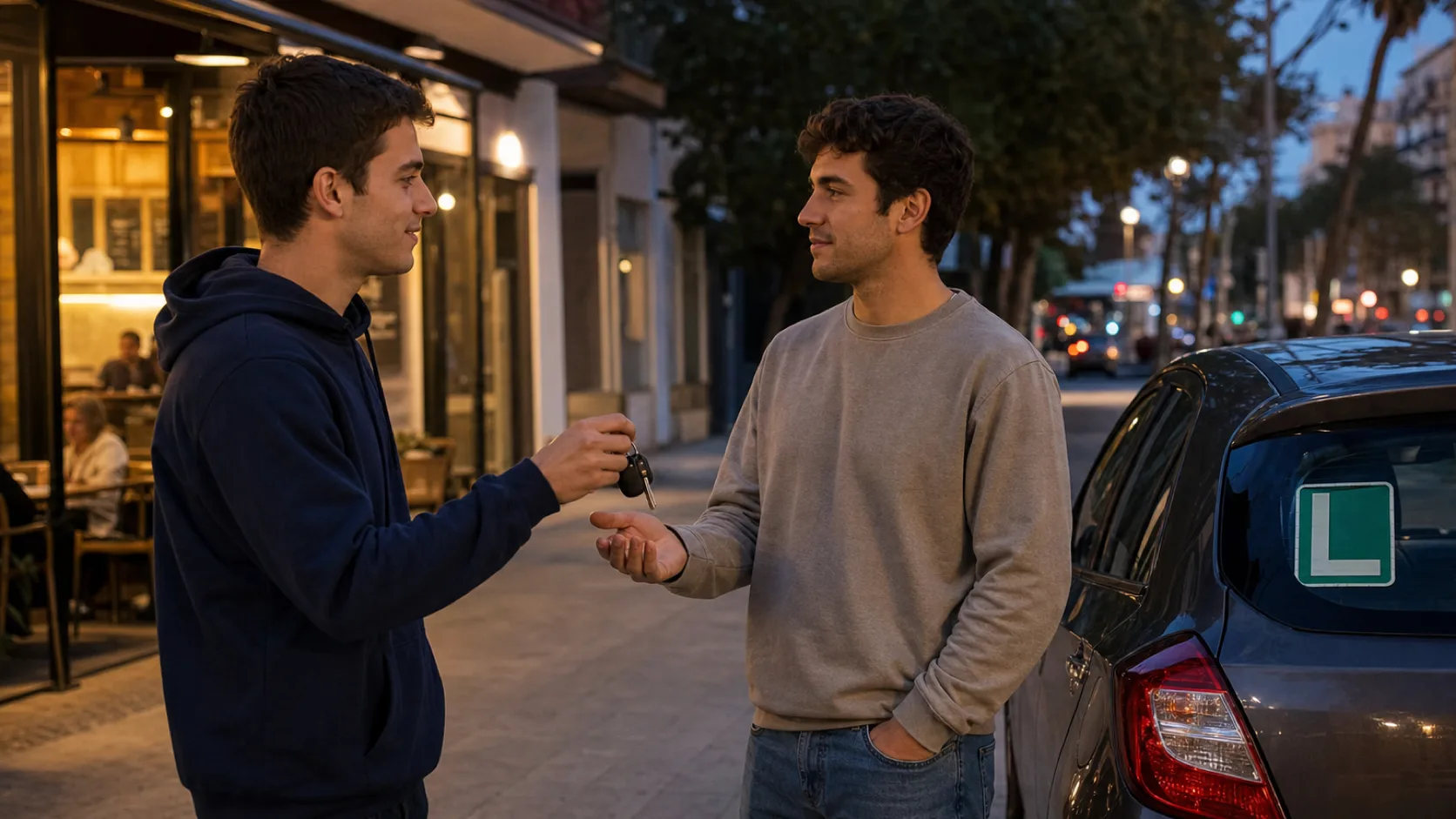 Conductor novel entrega las llaves de su coche a un amigo antes de conducir