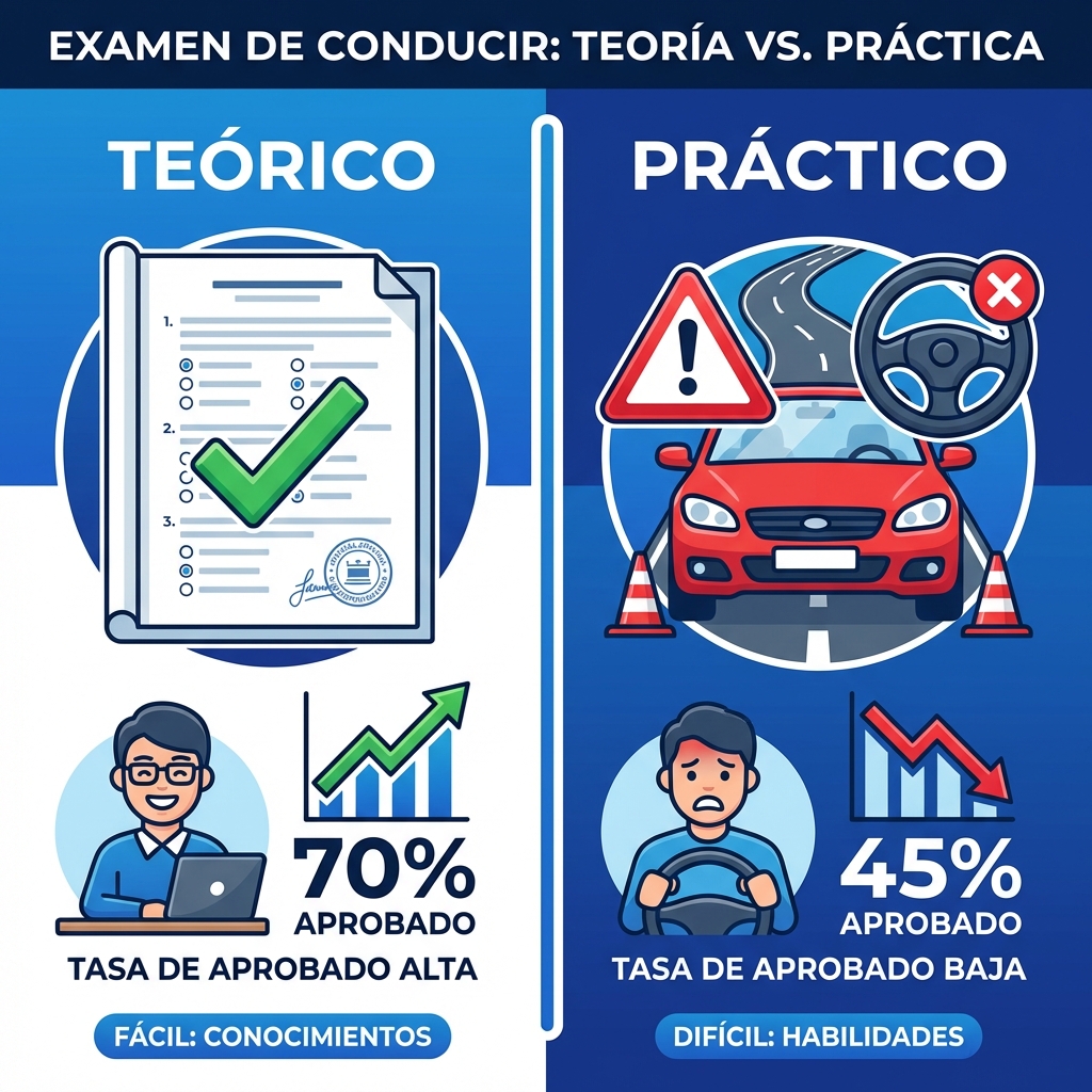 Gráfico comparativo estilo DGT mostrando mayor tasa de suspensos en examen práctico frente al teórico