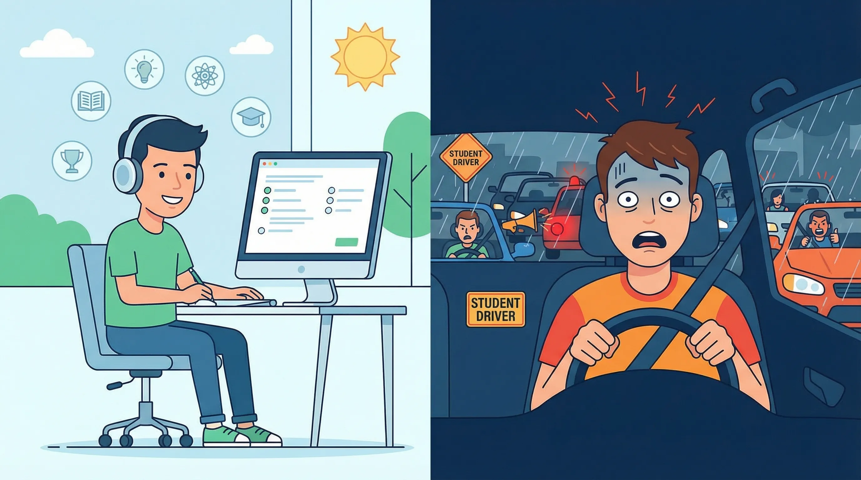 Gráfico comparativo estilo DGT mostrando mayor tasa de suspensos en examen práctico frente al teórico