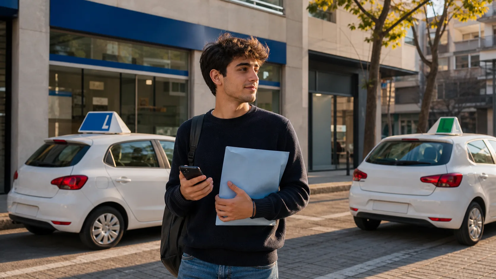 Alumno con su expediente entre dos coches de autoescuela antes de cambiar de centro