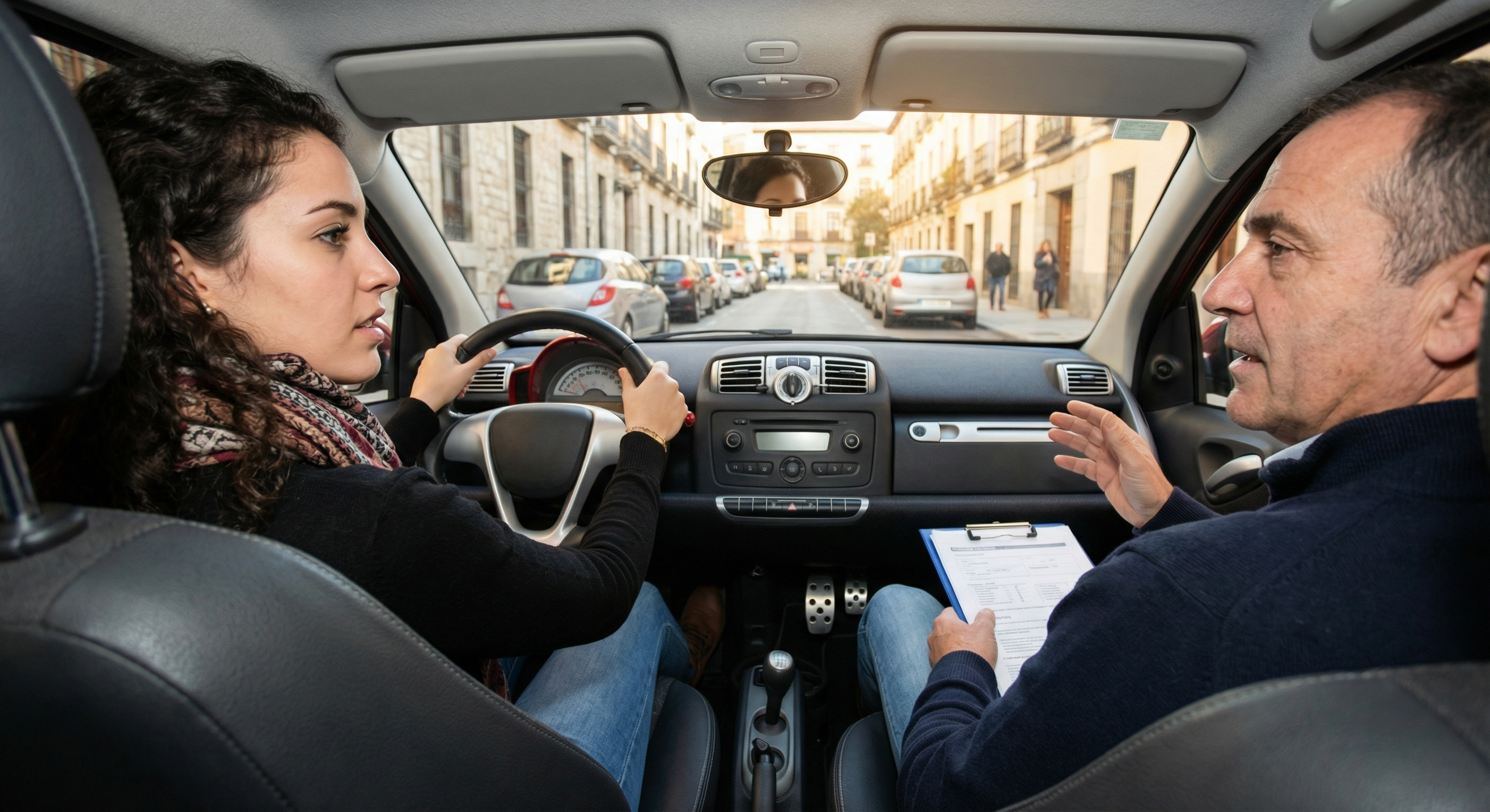 Alumno de autoescuela practicando en un coche con instructor al lado